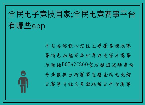 全民电子竞技国家;全民电竞赛事平台有哪些app